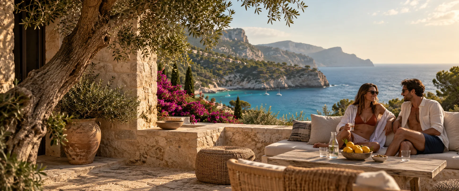 Mediterran inspiriertes Stimmungsbild: sonnige Terrasse über einer Bucht mit erwachsenen Urlaubsgästen.
